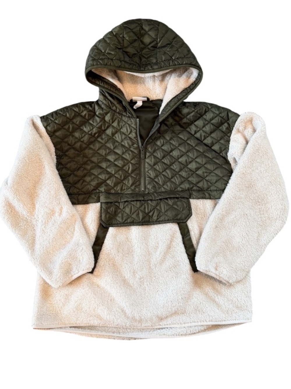 Zella Oversized Quilted Hooded Pullover- Olive & Cream